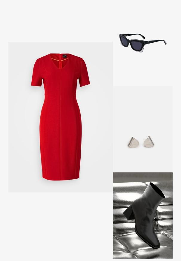 Piros, térd fölé érő, testhez simuló ruha rövid ujjakkal és V-dekoltázzsal, sima anyagból készült, enyhe varrási részletekkel.; Fekete bokacsizma fényes anyagból, négyzetes orral és szűkített sarkú, egy csillogó ezüst kárpitozott háttér előtt.; Fekete, nagyméretű napszemüveg geometrikus formával, sötét lencsékkel és kontrasztos szürke részlettel a kereten. Logó a szárán.; Ezüst fém fülbevalók sima, csepp alakú formával és fényes felülettel. Finom gravírozások teszik részletessé. Minimalista dizájn.