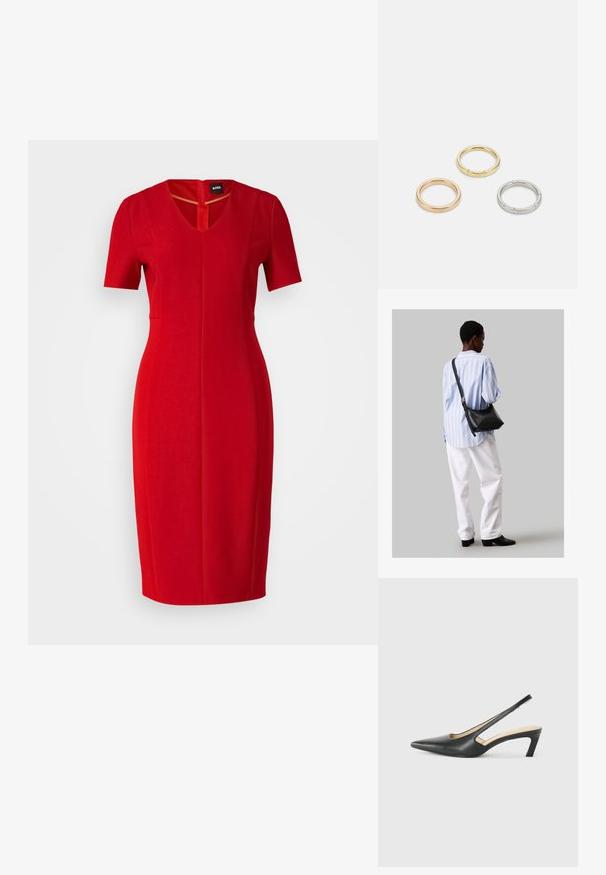 Rochie roșie, cu lungimea până la genunchi, ajustată, cu mâneci scurte și decolteu în V, realizată dintr-un material neted cu detalii ușoare de cusătură.; Pantof cu toc mic, cu vârf ascuțit și slingback, realizat din piele netedă, având un design decupat pe lateral pentru respirabilitate.; Geantă de umăr din piele neagră cu o textură moale, formă triunghiulară și curea ajustabilă, asortată cu o bluză cu dungi albastre deschise și pantaloni albi.; Trei inele din metal: unul roz aurie, unul auriu cu accente texturate și unul argintiu, toate cu branding gravat pe banda interioară.