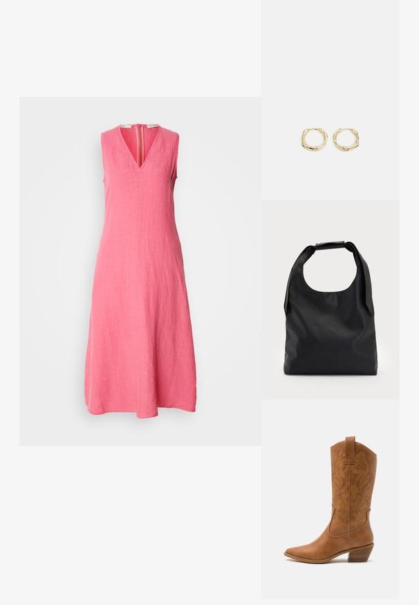 Vestido sem mangas, até ao joelho, em linho rosa vivo. Apresenta um decote em V e um fecho de correr na parte de trás central, com um acabamento de tecido suave e texturizado.; Bota de cowboy em couro cáqui com bico pontiagudo, padrões de bordado em espiral no cano e um salto em bloco empilhado. Inclui uma alça para fácil calçar.; Mala preta de couro com um grande topo aberto e uma única alça para o ombro. Textura macia, design minimalista, apresenta detalhes de ferragens discretos.; Brincos de argola dourados com um formato irregular e texturizado. Apresentam um fecho sem emenda e um acabamento polido, destacando um design moderno.