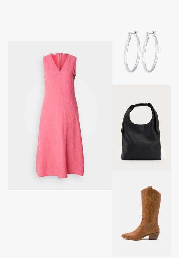 Bezgalių, kelių ilgio suknelė ryškiai rožinės spalvos lininė. Yra V formos iškirptė ir užtrauktukas centre nugaros, su sklandžiu, tekstūruotu audinio paviršiumi.; Ruda odinė kantri batai su smailiu būtų pirštu, siuvinėtais spiralės raštais ant viršaus ir su kamščiu blokuotu kulnu. Yra tamprių užtraukių, kad būtų lengviau užsidėti.; Juoda odinė hobo tipo rankinė su viena minkšta, apvalia rankena; pasižymi lygiu paviršiumi ir minimalizmu. Nėra matomų detalių ar akcentų.; Sidabriniai auskarai su sklandžiu, poliruotu paviršiumi. Apvalios formos ir saugus uždarymo mechanizmas. Lengvas dizainas, tinkantis kasdieniam dėvėjimui.