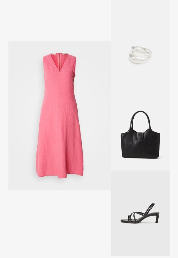 Ärmlös, knä-lång klänning i klarrosa linne. Har en V-ringning och en dragkedja i mitten bak, med en slät, strukturerad tygfinish.; Svart sandaler med remmar och fyrkantig tå samt låg blockklack. Har flera tunna remmar och en justerbar ankelrem. Tillverkad av mjukt läder.; Svart läder tote-väska med slät yta, strukturerad form, två handtag och en framträdande silverfärgad spänne på framsidan.; Silver ring med dubbel band och en slät, polerad yta. Har en flödande, böjd design med överlappande sektioner för en modern stil.