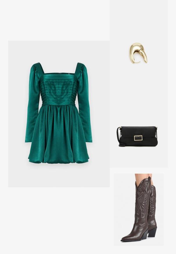 Smaragdinės žalios spalvos suknelė su kvadratine iškirpte, ilgomis pūkuotomis rankovėmis ir klostuota liemene. Sijonas yra susirinkęs, sukuriantis apimties siluetą.; Rudos odinės kaubojaus batai su smailiu priekiu ir blokuotu kulnu, pasižymintys detaliu siuvinėjimu ir iškiliais akcentais ant ašies.; Juodas odinis dėkliukas su atvarteliu ir auksinės metalinės sagties detalėmis. Įeina juodas diržas ir elegantiškas, minimalistinis dizainas.; Aukso tono metalinės auskarai su stilingu, kreiviu dizainu. Išsiskiria ryškiu smailiu pavidalu, poliruota paviršiumi ir užsegimu su vyriu.