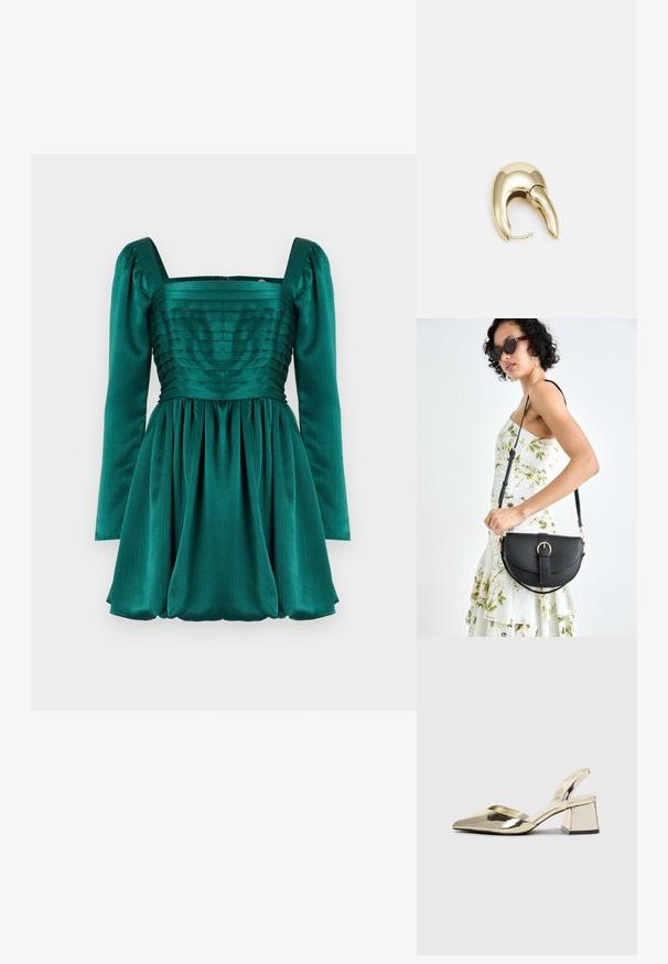 Smaragdzöld ruha négyzet alakú nyakkivágással, hosszú puff ujjakkal és pliszírozott felső résszel. A szoknya ráncolt, így bőséges siluettet alakít ki.; Arany, fémből készült slingback sarkú cipők hegyes orral és vastag sarokkal. Simaság, minimalista design és keskeny pánt jellemzi.; Fekete bőrtáska ívelt formával, levehető pánttal és arany színű fémrészekkel. A táskán egy csattal díszített fedél található.; Aranyszínű fém fülbevaló, elegáns, ívelt formával. Különleges hegyes alak, fényes felszín és zsanéros záródás jellemzi.