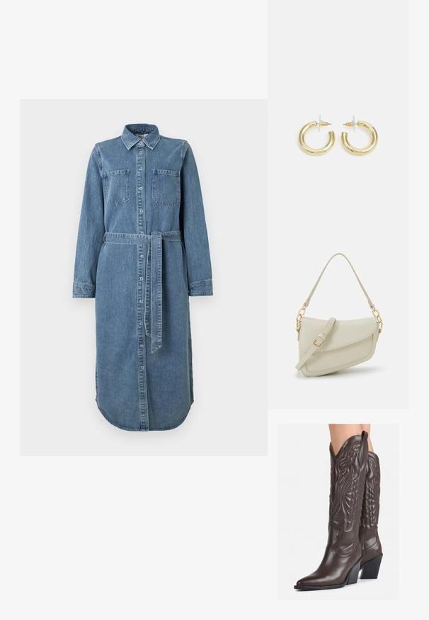 Világoskék farmeringruha hosszú ujjakkal, gombos elülső résszel, két mellzsebbel és derékpánttal. Az alja kerekded, hátul hosszabb.; Barna bőr cowboy csizmák hegyes orral és blokk sarkal, részletes varrással és kiemelkedő díszítésekkel a szárán.; Kis krémszínű táska texturált felülettel, hosszú, állítható pánttal, láncos díszítéssel és fedéllel záródik. Aranyszínű fém részletek.; Arany fülbevalók sima, fényes felülettel. Kör alakú dizájn, amely kis kapoccsal és átlátszó tartozékkal rendelkezik a biztonságos viselés érdekében.