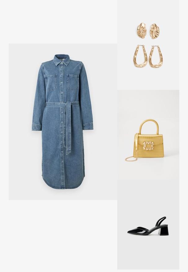 Hele sinine teksariidest kleit, millel on pikad varrukad, nööbiga ees, kaks rinna taskut ja vöö. Alumine äär on kaardunud ja taga pikem.; Mustad musta lakknahk kingad, millel on terav varvas ja geomeetriline plokkkonts. Omab elegantselt minimalistlikku disaini ja sujuvat tekstuuri.; Kollane faux-krokodilli käsipindaga kott, millel on struktureeritud disain, ülemine käepide, eemaldatav kettmass ja dekoratiivne kristallkaunistus klambril.; Kuldse värvi kõrvarõngad, mis on kaunistatud tekstuursete ja laineliste kujunditega. Komplektis on skulpturaalsed klamber kõrvarõngad ja avatud rõngasdisain, millel on lõhestatud viimistlus.