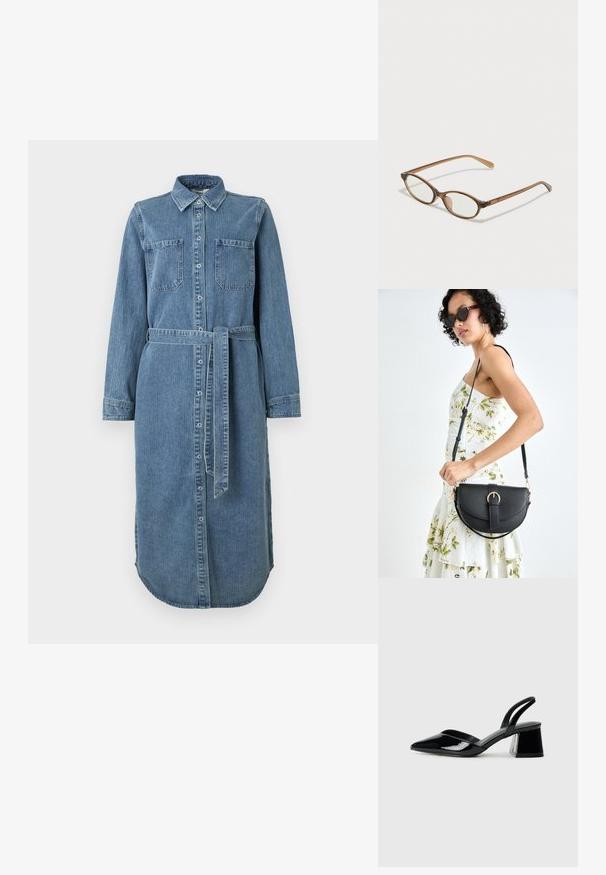 Jeanshemdkleid in Hellblau mit langen Ärmeln, Knopfleiste, zwei Brusttaschen und einem Taillengürtel. Der Saum ist rund und hinten länger.; Schwarze Lackleder-Slingback-High Heels mit spitzem Schuh und einem geometrischen Blockabsatz. Verfügt über ein schlankes, minimalistisches Design und eine glatte Textur.; Braune Schildpatt-Brille mit ovalen Gläsern, dünnen Bügeln und transparenten Akzenten. Verfügt über ein dezentes Logo am Bügel. Elegantes, leichtes Design.; Schwarze Lederhandtasche mit geschwungener Form, abnehmbarem Tragegurt und goldenen Beschlägen. Die Tasche verfügt über einen Deckel mit einer Schnallen-Details.