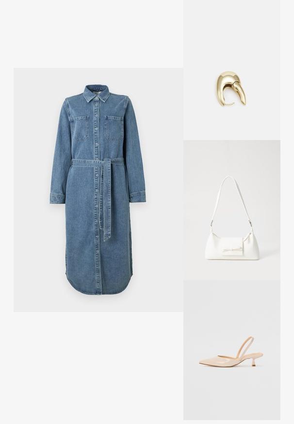 Denim srajčna obleka v svetlo modri barvi z dolgimi rokavi, gumbnim zapiranjem spredaj, dvema žepoma na prsih in pasom. Rob je zaobljen in daljši zadaj.; Bež čevlji na peto iz patentiranega usnja, s koničastim nosom in ozko kvadratno peto. Gladka tekstura in minimalističen dizajn brez okrasja.; Bela sintetična torbica v obliki trikotnika, z ravnim sprednjim poklopcem in detajlom mašne, nastavljivim trakom, gladko teksturo in minimalističnim dizajnom.; Uhane nakit iz zlatastega tona z gladko, ukrivljeno zasnovo. Ima edinstveno koničasto obliko, polirano površino in zaponko s tečajem.