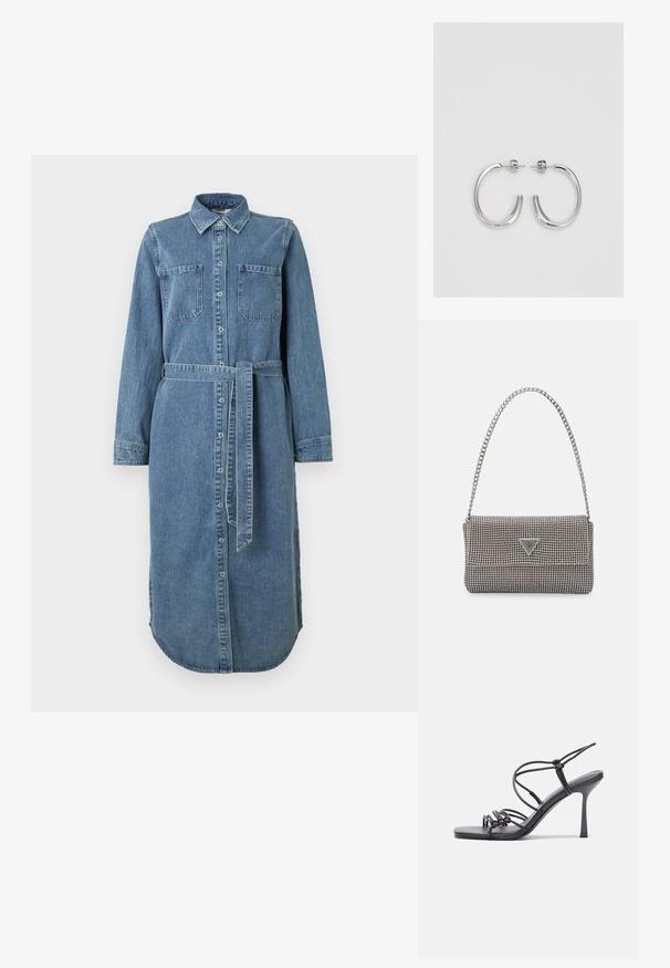 Denim shirt dress in light blue with long sleeves, button front, two chest pockets, and a waist belt. Hem is rounded and longer at the back.; Black high-heeled sandals feature thin straps with a knotted design, a smooth square toe, and a sleek stiletto heel.; Light gray metallic handbag featuring a chain strap, embellished with small circular metallic studs and a triangular brand logo.; Silver hoop earrings with a smooth, shiny surface, featuring a curved shape and post-back closure. Minimalist design with a modern finish.