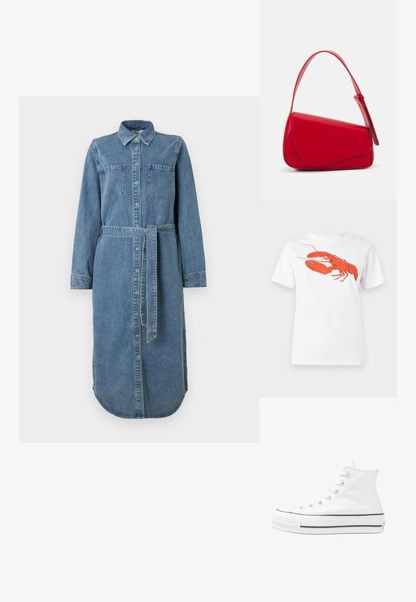 Denim shirt dress in light blue with long sleeves, button front, two chest pockets, and a waist belt. Hem is rounded and longer at the back.; White cotton t-shirt featuring a large, bright red lobster graphic on the front. Short sleeves and standard crew neck design.; White high-top canvas sneaker with black rubber sole, front rubber toe cap, and six eyelets for laces, featuring a clean, minimalist design.; Red leather handbag with an angular, geometric design. Features a single adjustable strap and a flap closure with stitched detailing.
