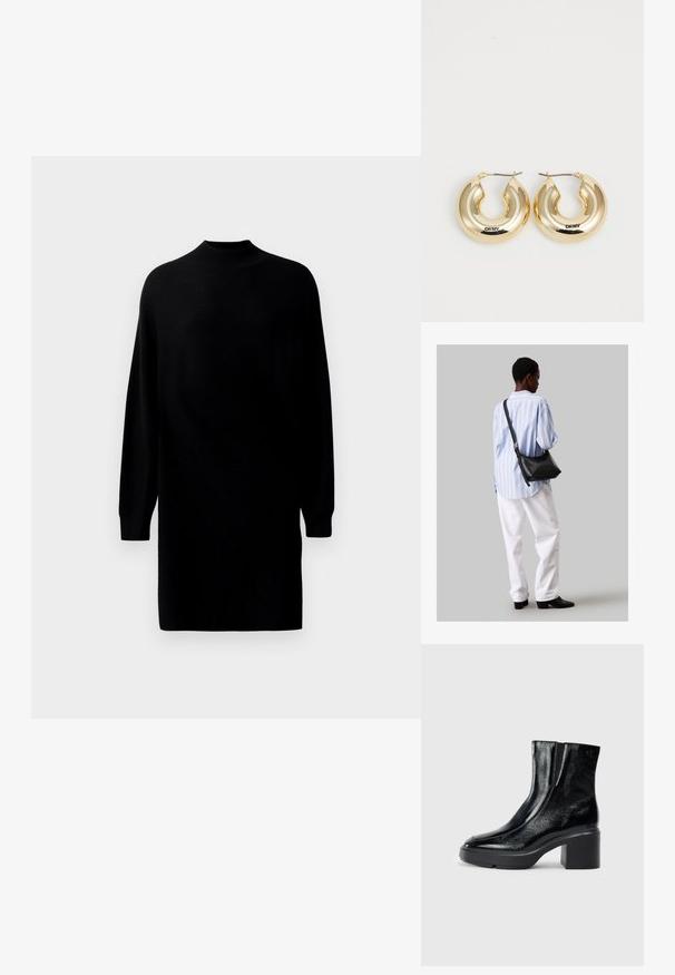 Schwarzes Langarm-Strickkleid mit hohem Halsausschnitt und geradem, lockeren Schnitt, vor einem schlichten hellen Hintergrund präsentiert.; Schwarze Lackleder-Stiefeletten mit einer geschwungenen Zehenpartie, elastischen Seiteneinsätzen und einem klobigen Blockabsatz. Mit geprägtem Logo auf der Rückseite.; Schwarze Leder-Umhängetasche mit weicher Textur, dreieckiger Form und verstellbarem Tragegurt, kombiniert mit einem hellblauen gestreiften Hemd und weißen Hosen.; Goldene Creolen mit einem glatten, abgerundeten Design und einer glänzenden Oberfläche, ausgestattet mit einem Verschluss zur Sicherung. Mit "DKNY" graviert.