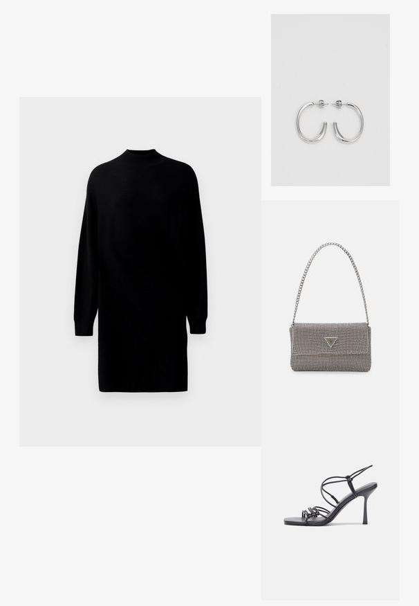 Mustatoon pikkade varrukatega kootud kleit kõrge kaelusega ja sirge, lõdva istuvusega, esitlemise tasase hele tausta ees.; Mustad musta värvi kontsandaalid on varustatud peente rihmadega, millel on sõlmekujundus, siledad ruudukujulised varbad ja stiilne stilettokonts.; Helehall metallik handbags, millel on kett, kaunistatud väikeste ümmarguste metallist õmblustega ja kolmnurkse brändi logoga.; Hõbedased rõngaskõrvarõngad, millel on sile ja läikiv pind. Ümar kuju, kerge disain, millel on post-tagumise kinnituse süsteem.