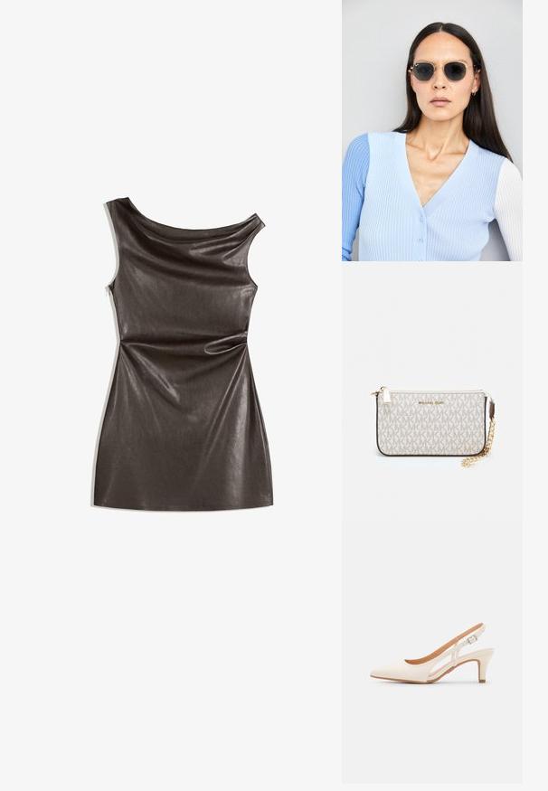 Sötétbarna ujjatlan ruha sima műbőrből, drapált nyakkivágással és testhez simuló siluettel, szögletes szegéllyel.; Fehér slingback sarok, hegyes orral, sima felső anyaggal, alacsony blokk sarkával és oldalsó kivágott dizájnnal, állítható csatpánttal.; Kerek napszemüveg sötét lencsékkel és arany kerettel. A modellen világoskék, bordázott kardigán van gombokkal és kontrasztos fehér ujjaival.; Michael Kors bézs bevonatos vászon karkötő, amely ismétlődő MK logó mintával, aranyszínű fémrészletekkel és levehető lánchordóval rendelkezik.