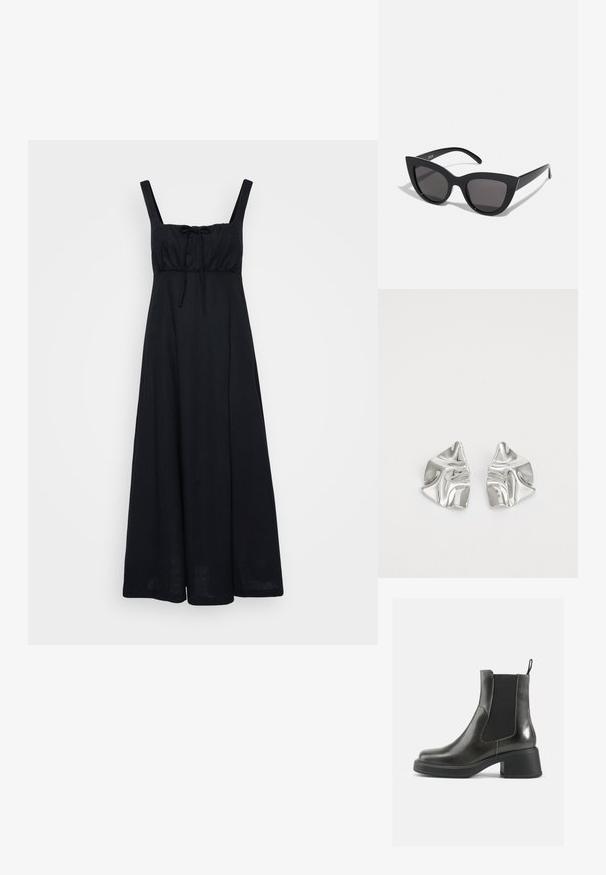 Rochie maxi neagră, fără mâneci, cu un corp ajustat, decolteu pătrat și detaliu de legare în față. Fabricată dintr-un material ușor, ajunge până la lungimea gleznelor.; Botine negre din piele cu un finisaj neted, panouri laterale elastice și un toc gros. Au un punct de sprijin pentru a fi mai ușor de încălțat.; Ochelari de soare negri, forma cat-eye, cu un finisaj mat, având lentile gri și unghiuri ascuțite, precum și brațe laterale elegante. Numele brandului este vizibil pe brațul interior.; Cercei din metal argintiu cu un design sculptural ondulat, prezentând o finisare lucioasă și forme neregulate, evidențiind o estetică contemporană.