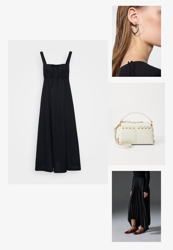 Juoda, be rankovių maksi suknelė su prigludusia liemene, kvadrato formos iškirpte ir priekyje surišamu akcentu. Pagaminta iš lengvos medžiagos, siekia kulkšnis.; Juoda plisuota sijonas su aukštesniu priekiniu kraštu, derinamas su blizgiomis raudonomis plokščiomis bateliais, turinčiais dirželio dizainą. Medžiaga yra glotni.; Balta dirbtinės odos rankinė su viršutiniu užtrauktuku, trumpa rankena ir nuimamu per petį nešančiu diržu su auksinės spalvos furnitūra. Šoniniai raišteliai.; Sidabrinė lankinė auskarai su poliruotu paviršiumi, turintys mažus auksinius akcentus ir apvalią formą, dėvimi ant ausies kaušelio.