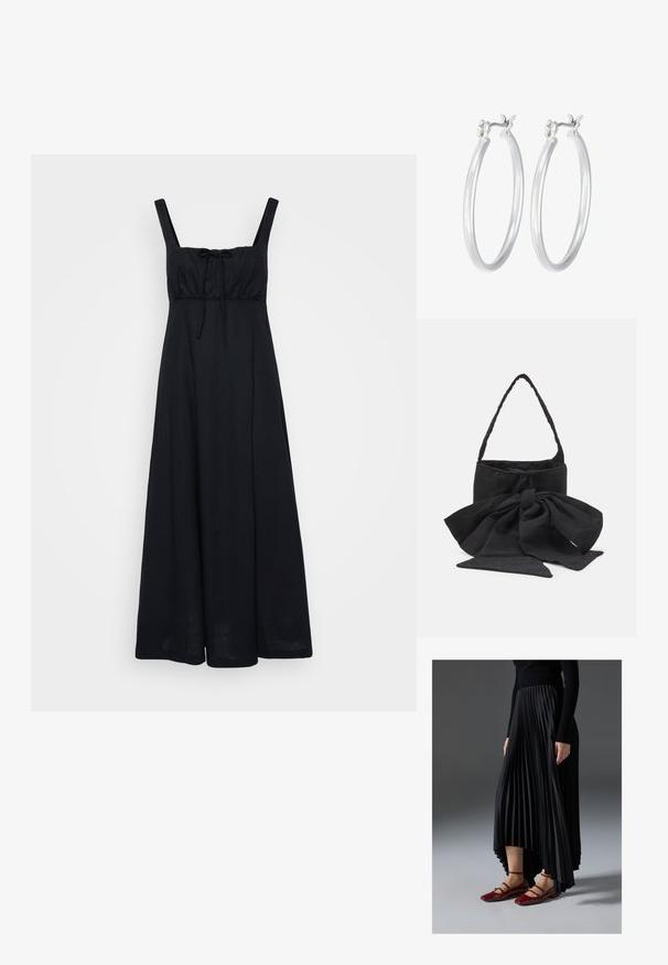 Musts, ilma varrukat maxi kleit, sobivate rindadega, ruudu kaelusega ja ees oleval sidumise detailiga. Valmistatud kerge kangaga, ulatub põlve pikkuseni.; Mustmust seelik kõrgema ees- ja madalama taga servaga, kombineeritud läikivate punaste sussidega, millel on rihma kujundus. Kangas on sileda tekstuuriga.; Must mustrunn taaskotist must mustsuudmuus, ümmargune kuju, tekstureeritud pind väikeste mustritega ja üks õhuke käepide.; Hõbedased rõngaskõrvarõngad, millel on sile, läikiv viimistlus. Ümmargune kuju ja turvaline klõpsulatus. Kerge disain, sobib igapäevaseks kandmiseks.