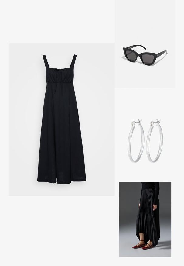 Crna, bezrukavna maksi haljina s krojem koji se dobro prilagođava tijelu, četvrtastim izrezom i detaljem vezivanja sprijeda. Izrađena od lagane tkanine, pada do dužine članaka.; Crna plisirana suknja s visokim i niskim rubom, uparena s sjajnim crvenim balerinkama s dizajnom trakice. Tkanina ima glatku teksturu.; Crne mačkaste sunčane naočale s mat završnom obradom, sivo obojeni leće, oštri kutovi i elegantne bočne ručke. Ime brenda vidljivo na unutrašnjoj strani ručke.; Srebrne kružne naušnice s glatkom, poliranom površinom. Okrugli oblik i sigurno kopčanje na klik. Lagani dizajn pogodan za svakodnevno nošenje.