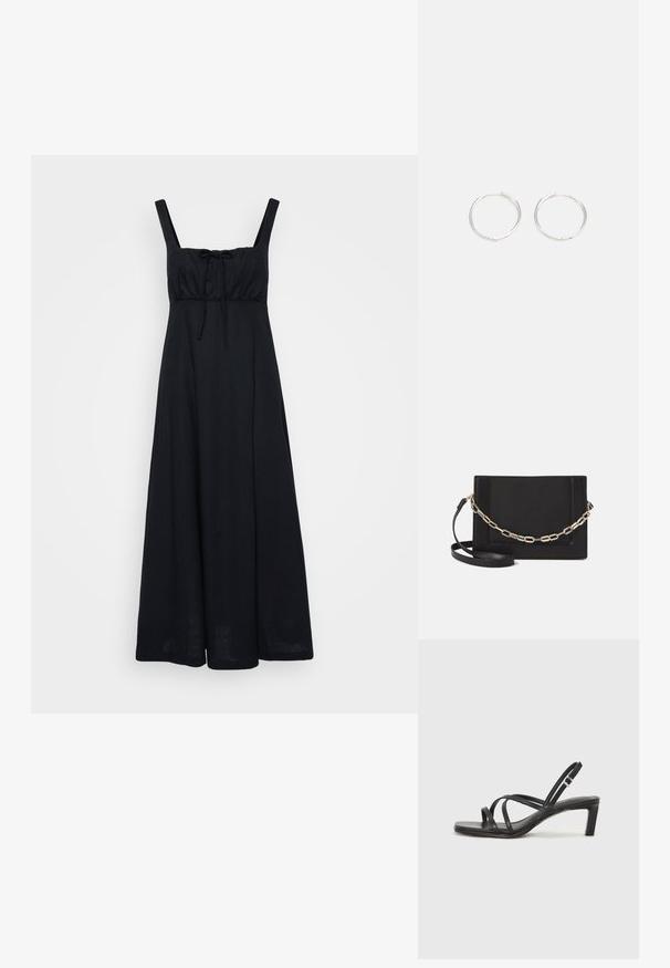 Rochie maxi neagră, fără mâneci, cu un corp ajustat, decolteu pătrat și detaliu de legare în față. Fabricată dintr-un material ușor, ajunge până la lungimea gleznelor.; Sandal cu barete negre, cu vârf pătrat și toc mic de bloc. Prezintă mai multe barete subțiri și o bareta ajustabilă la gleznă. Fabricat din piele netedă.; Geantă de umăr din piele neagră, cu o textură netedă, formă rectangulară și un detaliu din lanț metalic în față. Include curea reglabilă.; Cercei din argint cu un design elegant și rotund, având o suprafață netedă și fără embellismente vizibile. Diametrul nu este specificat.