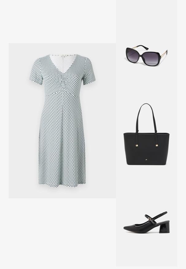 Lühikeste varrukatega valge kleit sinise geomeetrilise mustriga. Omab V-kaelust ja kõhualuseid, valmistatud pehmest, venivast kangast.; Mustad läikivad nahast slingback-kõrged kontsad, millel on terav nina, ümar lõikekujundus ja blokknina. Omab kuldset nupu aktsenti.; Mustad ümarad päikeseglaasid, millel on gradient objektiivid, paksud raamid ja kuldse tooni kettaga kaunistused tempelitel.; Must musträkk, mis on valmistatud sünteetilisest materjalist, lihtsa ristkülikukujulise disainiga, kuldsete ruudukujuliste rõhutustega ja kahe käepidemega.