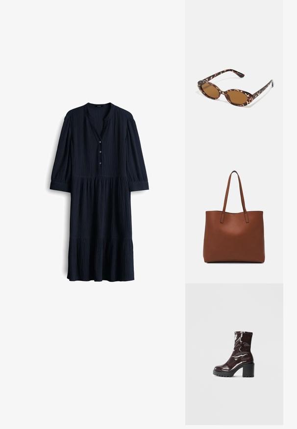 Abito in cotone blu navy, testurizzato, con scollatura a V, tre bottoni e maniche a tre quarti. Orlo svasato con dettagli arricciati.; Stivale alla caviglia bordeaux lucido con un tacco spesso nero, caratterizzato da una superficie liscia e un design semplice. Nessuna chiusura visibile o motivo.; Occhiali da sole in tartaruga con lenti ovali, tono marrone, bracci sottili con un motivo testurizzato, montatura in plastica leggera.; Borsa tote in pelle marrone con texture liscia, design con apertura superiore e due spallacci. Presenta cuciture minime e nessun hardware visibile.