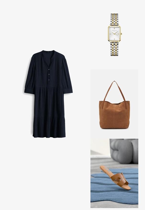 Navyblauw, geweven katoen jurk met een V-hals, drie knopen en driekwartmouwen. Uiteinde met een uitlopend effect en geplooide accenten.; Bruine platte schuifzandalen met een uitgesneden ontwerp, gemaakt van glad materiaal. Heeft een lichtbruine zool en een label op de binnenzool.; Bruine suède shoppers met twee lange handvatten, met een gladde textuur, eenvoudig ontwerp en zonder zichtbare hardware of accenten.; Gouden en zilveren metalen horloge met een rechthoekige kast, een witte gestructureerde wijzerplaat, twee gouden wijzers en een mix van gepolijste en geborstelde schakelband.