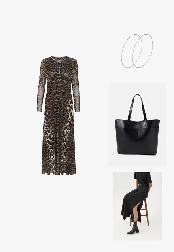 Ilga, permatoma suknelė, puošta leopardų raštu rudos, juodos ir kremų spalvų. Apvalus iškirpimas ir ilgos rankovės; tekanti A formos siluetas.; Juoda lininė maksi sijonas su aukštu plyšiu, vilkimas su juodu marškinėliu ir juodais aulinukais. Minimalistinis dizainas su laisvu siluetu.; Juoda odinė rankinė su dviem ilgais diržais, lygiu paviršiumi ir struktūrizuota forma. Yra priekinė kišenė papildomam saugojimui.; Sidabrinės pusmėnulio auskarai minimalistiniu dizainu. Apskritimo forma, lygus paviršius ir plonas profilis. Lengvi su poliruotu apdailu.
