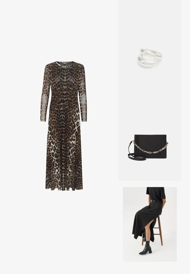 Dolga, prosojna obleka z leopardjim vzorcem v rjavi, črni in kremni barvi. Okrogli izrez in dolgi rokavi; tekoča A-linijska silhueta.; Črna lanena maxi krilo z visokim razporkom, oblečeno s črno majico in črnimi gležnjarji. Minimalističen dizajn z udobnim krojem.; Črna usnjena torba čez ramo z gladko teksturo, pravokotno obliko in kovinskim verižnim detajlom spredaj. Vključena je nastavljiva naramnica.; Srebrn dvojni prstan z gladko, polirano površino. Ima tekoč, ukrivljen dizajn z prekrivajočimi se sekcijami za sodoben videz.