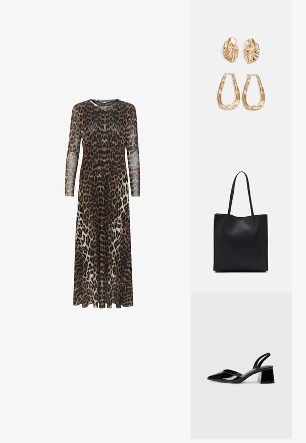 Langes, durchsichtiges Kleid mit einem Leopardenmuster in Braun, Schwarz und Creme. Rundhalsauschnitt und lange Ärmel; fließende A-Linie-Silhouette.; Schwarze Lackleder-Slingback-High Heels mit spitzem Schuh und einem geometrischen Blockabsatz. Verfügt über ein schlankes, minimalistisches Design und eine glatte Textur.; Schwarze Laptoptasche aus Leder mit glatter Textur, rechteckiger Form und zwei langen Griffen. Keine sichtbaren Beschläge oder Verzierungen.; Ohrringe in Goldoptik mit strukturierten, gewellten Formen. Beinhaltet skulpturale Clip-Ohrringe und ein offenes Hoop-Design mit gehämmertem Finish.