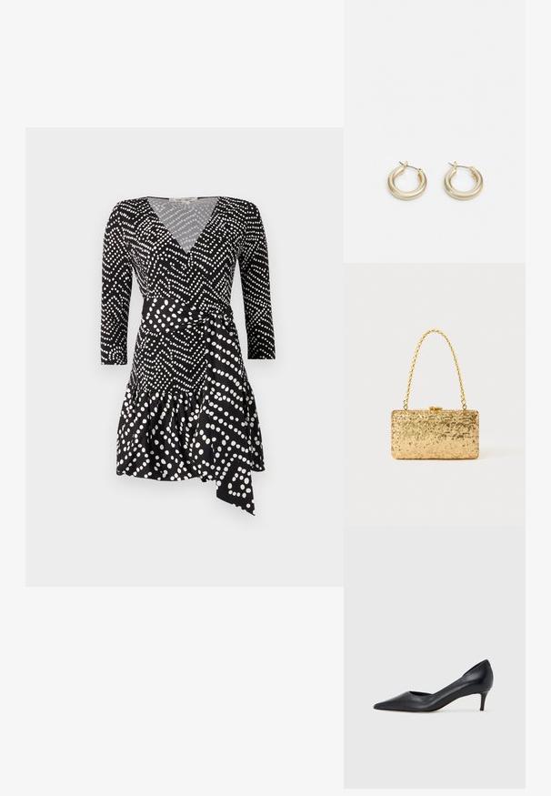 Čierne zavinovacie šaty s bielymi bodkami, s výstrihom do V, trojštvrťovými rukávmi a volánom na spodnom okraji s viazaním v páse.; Čierny kožený lodička s špičatou špičkou a nízkym opätkom. Má hladkú textúru a jemný lesk. Vpredu je otvorený výrez pre zvýraznenie detailu.; Zlatá flitrová listová taška s obdĺžnikovým tvarom, vybavená skrúteným reťazovým držadlom a kovovým uzatváraním, odrážajúca svetlo s textúrovaným povrchom.; Lauren Ralph Lauren BASIC SMALL HOOP - Náušnice - gold-coloured