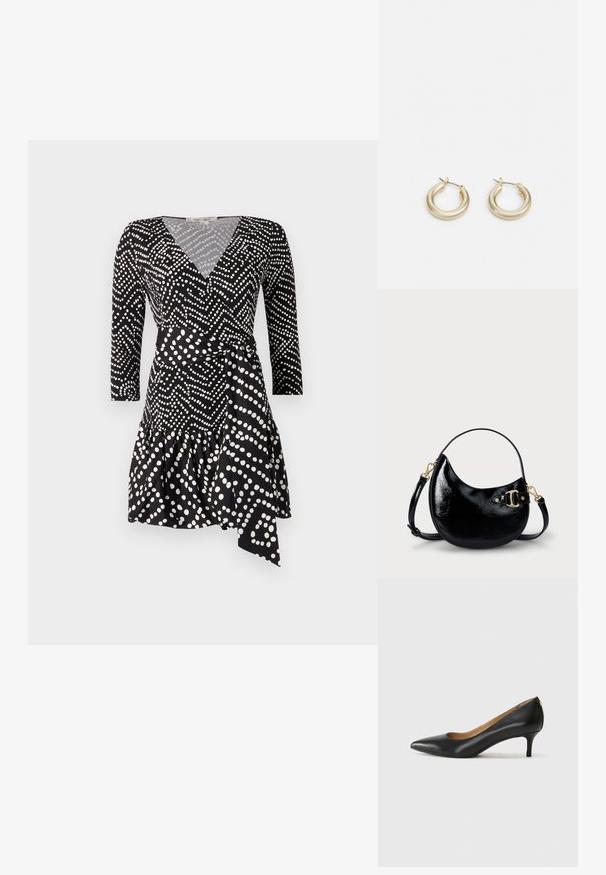 Fekete csipkés ruha fehér pöttyökkel, V-kivágással, háromnegyedes ujjal, fodros szegéllyel és megkötős derék részlettel.; Fekete bőrpumpa hegyes orral, alacsony sarokkal és sima felülettel. Elöl enyhe nyílással rendelkezik, hátul pedig minimális részletezéssel.; Fekete lakkbőr kézi táska, ívelt formával, állítható pánttal és aranyszínű fém részletekkel az oldalon. Simább, fényes felület.; Lauren Ralph Lauren BASIC SMALL HOOP - Fülbevalók - gold-coloured