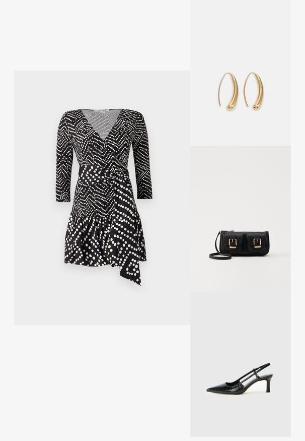 Mustat kietaisumekko valkoisilla pilkuilla, jossa on V-aukko, kolmannes hihoista ja röyhelöinen helma, sekä sidottava vyötäröyksityiskohta.; Musta patent slingback-kiilakorko teräväkärkisellä muotoilulla, jossa on teksturoitu käärmeennahkakuosi, säädettävä remmi ja lyhyt, teksturoitu blokkiheel.; Musta nahkainen olkalaukku, jossa on kaksi etutaskua, kultaiset soljet, vetoketjukiinnitys ja kapea hihna. Teksturoidun pinnan ja kompaktin suorakaiteen muoto.; Korvakorut kultasävytteistä metallista, joissa on kaareva, pitkänomainen muoto. Ominaisuuksiin kuuluu sileä, kiiltävä pinta ja pyöreä kärki lisäyksinä.