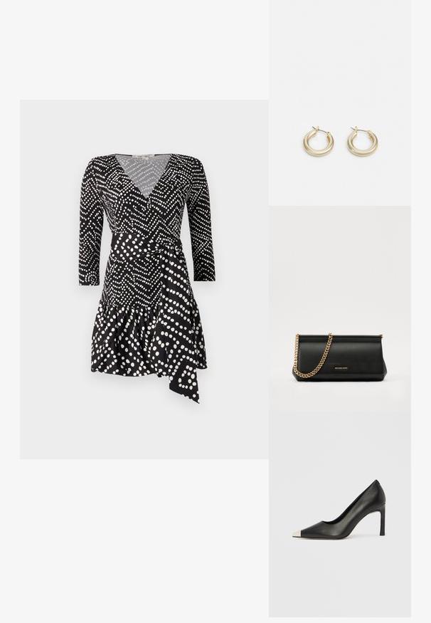 Črna obleka s polka pikami, z V-izrezom, rokavi do tri četrtine in naboranim robom ter z detajlom vezanega pasu.; Črni usnjeni čevelj z visokim petom, s koničastim prstom in kovinsko srebrno kapico. Ima gladko površino in vitko peto višine 10 cm.; Črna usnjena torbica z zlatim verižnim trakom, z gladko teksturo, pravokotno obliko in embosiranim logotipom spredaj.; Lauren Ralph Lauren BASIC SMALL HOOP - Uhani - gold-coloured