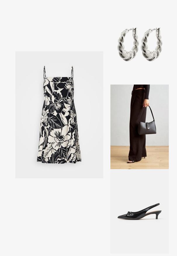 Musta-valkoinen kukkakuosiset mekko ohuilla olkaimilla, polvipituinen, valmistettu kevyestä kankaasta. Sisältää suuria kukka- ja lehtikuvioita.; Musta kiiltonahkainen slingback-kengät, jossa on teräväkärkinen muoto, pieni korko ja koristeellinen sulkahomo vampissa. Yleisesti ottaen sileä pinta.; Musta käsilaukku, jossa on rakenteellinen muoto, sileä pinta ja metallinen solki. Yhdistetty leveisiin mustiin housuihin ja avonaiheisiin sandaaleihin puulattialla.; Kierrettyä hopea hoop-korvakorua kiiltävällä pinnalla, jossa on letitetty pinta ja turvallinen lukitus.