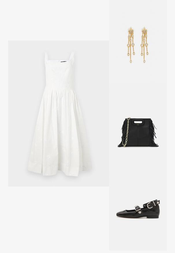 Robe sans manches blanche avec un décolleté carré et des détails floraux brodés. Jupe pleine et froncée avec une fermeture éclair invisible à l'arrière.; Ballerine en cuir verni noir avec un bout carré, sangle de cheville avec des détails en métal argenté et semelle plate. Texture lisse avec un design minimaliste.; Sac à main en cuir noir avec des détails en franges, chaîne dorée pour l'épaule et une poignée découpée. Présente le logo sur le devant.; Boucles d'oreilles en ton or avec plusieurs chaînes en cascade, présentant des accents en strass ovales transparents et des dessus à clous décoratifs.