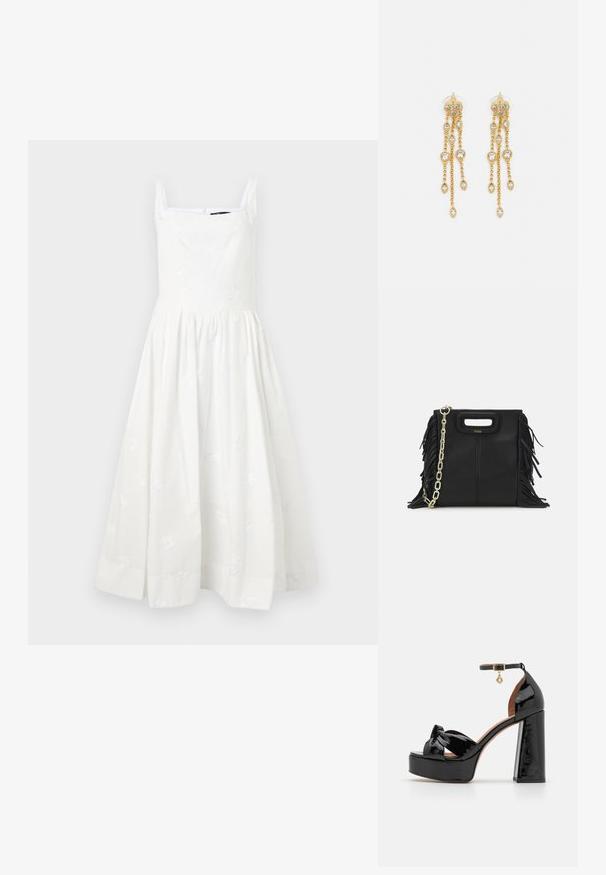 Biała bezrękawnikowa sukienka o kwadratowym dekolcie i haftowanymi kwiatowymi detalami. Pełna, zb gathered spódnica i niewidoczny zamek z tyłu.; Maje - Sandały na obcasie; Czarna skórzana torebka na ramię z frędzlami, złotym łańcuszkiem oraz wyciętym uchwytem. Posiada umieszczone na przodzie logo.; Złote kolczyki z wieloma kaskadowymi łańcuszkami, z przezroczystymi owalnymi akcentami z rhinestone'ów oraz ozdobnymi sztyftami.