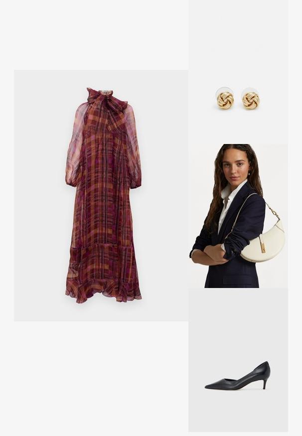 Long, sheer dress in multi-colored plaid featuring a ruffled hem and high neck tied bow. The sleeves are puffed with an elastic cuff.; Black leather pump with a pointed toe and low heel. Features a smooth texture and subtle sheen. Open cut at the front for added detail.; White leather handbag with a curved shape, gold hardware, and a textured finish, worn over a dark blazer and white shirt.; Gold-tone knot stud earrings with a twisted design. Each earring features a circular clear backing for secure wear.