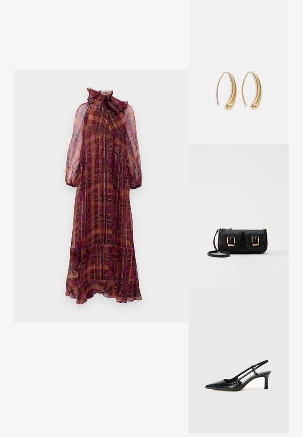 Hosszú, áttetsző, sokszínű kockás ruha, fodros aljjal és magas nyakkendős masnival. Az ujjak puffosak, elasztikus mandzsettával.; Fekete lakk slingback sarok, hegyes orral, texturált kígyómintával, állítható pánttal és rövid, texturált tömbsarkal.; Fekete bőr keresztbody táska két elülső zsebbel, arany csattokkal, cipzáras záródással és vékony pánttal. Textúrált felület és kompakt téglalap alak.; Aranyszínű fémből készült karika fülbevalók ívelt, hosszúkás formával. Simaságával és fényes felületével, valamint lekerekített végével további részletekkel bővül.