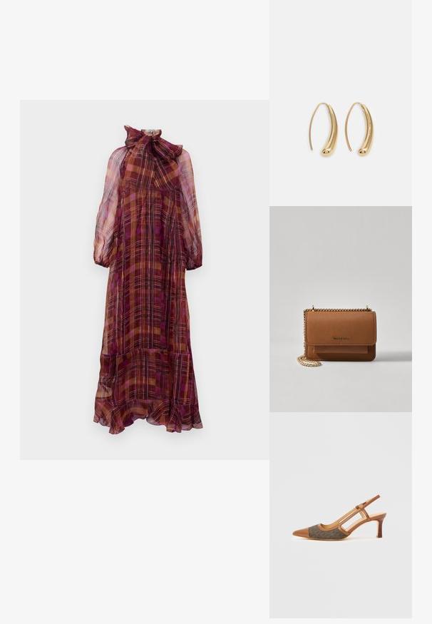 Long, sheer dress in multi-colored plaid featuring a ruffled hem and high neck tied bow. The sleeves are puffed with an elastic cuff.; Brown leather slingback shoe with a pointed toe, featuring a dark patterned fabric panel and a stacked heel. Open sides and a smooth texture.; Brown textured leather crossbody bag with gold chain strap and flap closure. Front features logo detail and a pocket under the flap.; Gold-tone metal hoop earrings with a curved, elongated shape. Features a smooth, shiny surface and a rounded tip for added detail.