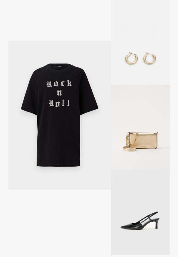 T-shirt oversized preta com a inscrição "Rock n Roll" em fonte gótica prateada. Feita de algodão, tem mangas curtas e um decote redondo.; Salto slingback em patente preta com bico apontado, apresentando um padrão de pele de cobra texturizado, tira ajustável e um salto bloco curto e texturizado.; Clutch de couro dourado metálico com um acabamento texturizado, apresentando uma alça de corrente dourada e uma alça de ombro removível. Logotipo da marca em relevo.; Lauren Ralph Lauren BASIC SMALL HOOP - Brincos - gold-coloured