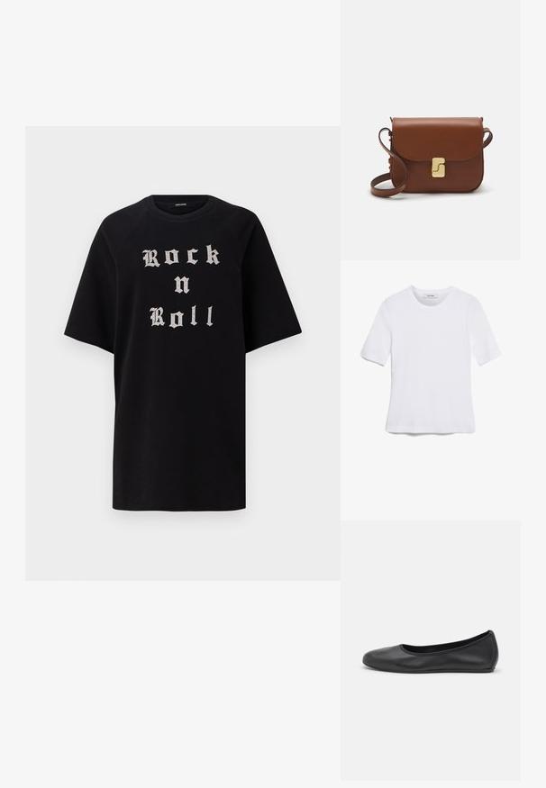 Czarna, oversize koszulka z krótkim rękawem z okrągłym dekoltem, z napisem "Rock n Roll" w srebrnym, gotyckim kroju czcionki. Wykonana z bawełny.; Biała koszulka krótki rękaw wykonana z materiału prążkowanego. Okrągły dekolt, regularny krój i subtelne detale szwów. Bez wzorów ani grafik.; Czarne skórzane baletki z zaokrąglonym noskiem, gładką fakturą, minimalnymi przeszyciami i elastycznym designem podeszwy.; Brązowa skórzana torebka na ramię z klapką, złotymi detalami, paskiem na ramię i gładką teksturą. Kompaktowy prostokątny kształt.