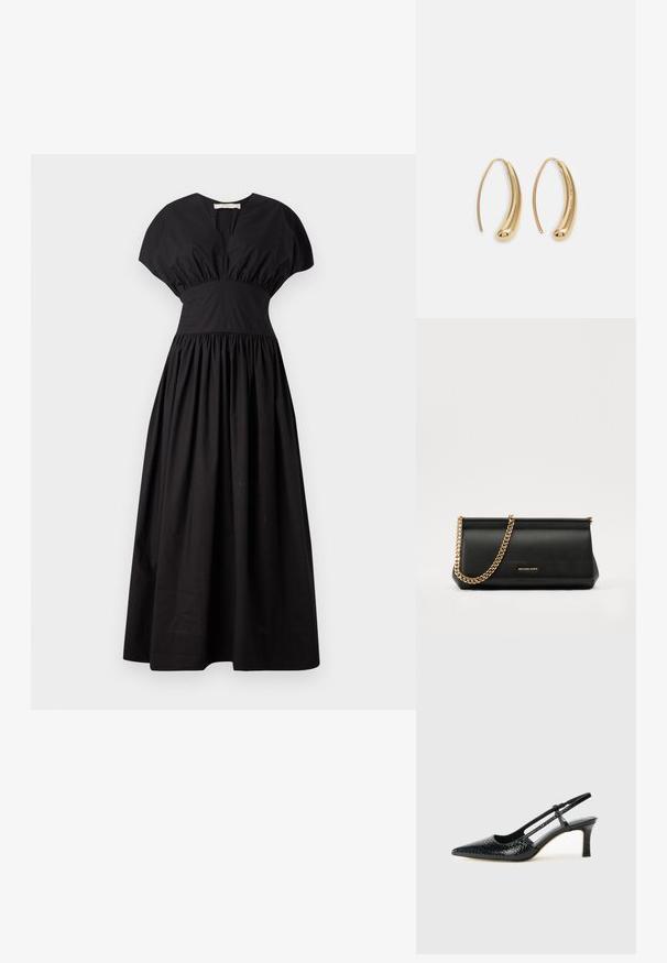 Faithfull the brand AUVE MIDI DRESS - Dienas kleita - black; Melna patent āda ar slīdošo papēdi un smailo purngalu, ar teksturētu čūsku drukājumu, regulējamu siksniņu un īsu teksturētu blokpapēdi.; Melns ādas apliecības soma ar zelta ķēdes siksnu, ar gludu tekstūru, taisnstūra formu un izspiestu zīmolu uz priekšpuses.; Zelta toņu metāla gredzena auskari ar izliektu, pagarinātu formu. Ar gludu, spīdīgu virsma un noapaļotu galu papildu detaļām.