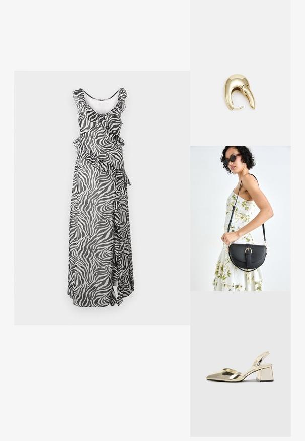 Maxi šaty z priesvitnej látky s čierno-bielym pruhovaným vzorom, volánikovým výstrihom a kaskádovým detailom na boku.; Zlaté kovové lodičky na podpätku so špicatou špičkou a robustným podpätkom. Hladký povrch, minimalistický dizajn a úzka remienok.; Čierna kožená kabelka s zaobleným tvarom, odnímateľným popruhom a zlatými doplnkami. Kabelka má klopu s detailom s prackou.; Náušnice z kovu v zlatej farbe s elegantným, zakriveným dizajnom. Majú charakteristický špicatý tvar, leštený povrch a uzáver na pánt.
