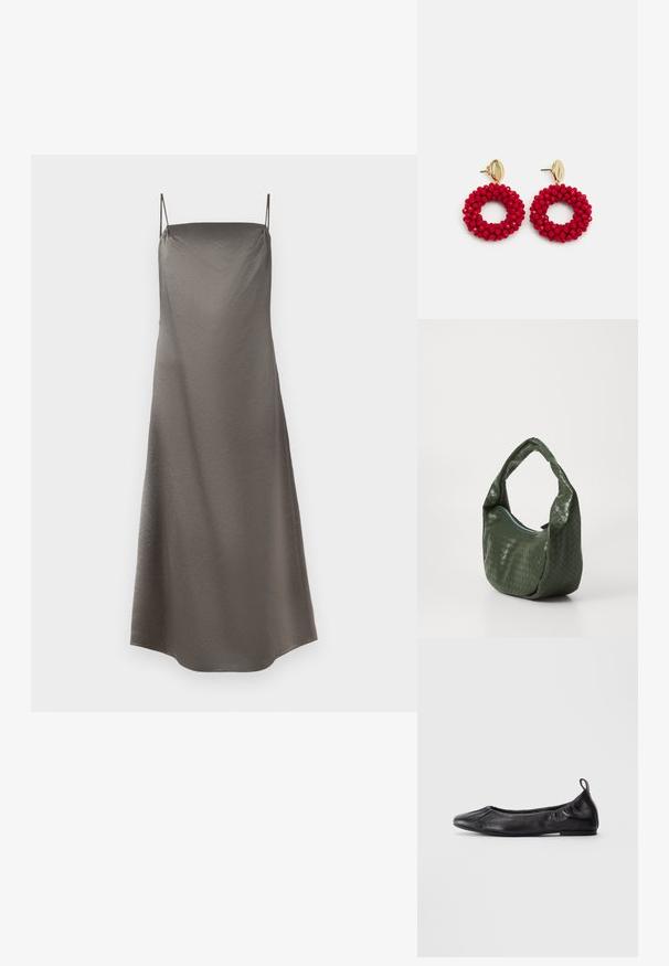 Satin slip suknelė, papildyta švelnia pilka spalva, turinti plonus spaghetti dirželius, laisvą siluetą ir subtilų tekstūrinį paviršių.; Juodas odinis baletas su apvalia nosimi, surinktomis elastinėmis šoninėmis dalimis ir užtraukiama juostele ant kulno, eksponuojamas šviesiame fone.; Žalia austa odinė rankinė su išlenkta rankena ir užtrauktuku. Pasižymi tekstūruota, raštuota paviršiumi ir švelnia, laisvai krentančia forma.; Raudoni karoliukų auskarai-žiedai su tekstūruotu paviršiumi ir auksiniu užsegimu. Apvalios formos su atviru centru ir išlenktais karoliukais.