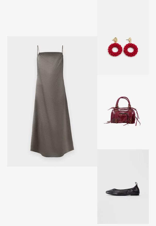 Vestido de satén tipo camisón en un tono gris suave, con tirantes finos, un corte relajado y una superficie texturizada sutil.; Bailarinas de cuero negro con punta redondeada, lados elásticos fruncidos y una pestaña para tirar en el talón, mostradas sobre un fondo claro.; Bolso de mano de cuero rojo con acabado brillante, forma estructurada, doble asa, parte superior con cremallera, hebillas decorativas y bolsillo lateral con detalles de flecos.; Pendientes de aro rojos con cuentas, con una superficie texturada y un cierre de poste en tono dorado. Forma circular con centro abierto y detalles de cuentas redondeadas.