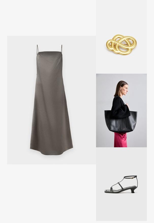 Sametová noční košile v tlumené šedé barvě, s tenkými špagetovými ramínky, volnějším střihem a jemně strukturovaným povrchem.; Černá kožená sandál s čtveratou špičkou, tenkými popruhy, nastavitelným kotníkovým popruhem a nízkým podpatkem. Obsahuje malý zlatý akcent na popruhu.; Černá kožená taška s texturovaným povrchem, která má dva vertikální pruhy, dvojité ramenní popruhy a minimalistický design.; Brož ve zlatém tónu s uzlovým vzorem, hladkými zakřivenými liniemi a složitým tvarem, odrážející lesklý povrch.