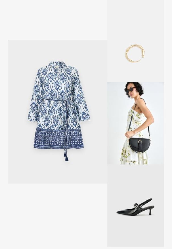 Bijela haljina s plavim cvjetnim i geometrijskim uzorcima, dizajn s kragnom, dugim rukavima, cinčanim strukom i uzorkovanim donjim dijelom s resicama.; Crne lakirane slingback potpetice s oštrim prstom i malom blok petom, s naglaskom na srebrnoj kopči na remenu.; Crna kožna torba s lukovitim oblikom, odvojivim remenom i zlatnim detaljima. Torba ima preklop s kopčom.; Prsten u zlatnoj nijansi s organskim, uvijenim dizajnom, glatkom teksturom i suženim krajevima, koji stvara moderan, skulpturalni izgled.