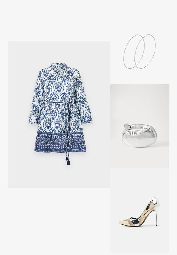 Balta suknelė su mėlynais gėlių ir geometriniais raštais, laikoma apykaklė, ilgos rankovės, cinčiuota talija ir raštuota apačia su kutais.; Aštrus pirštas aukštakulnis batelis su sidabro, aukso ir nuogų spalvų deriniu. Blizgus paviršius su išpjovos dizainu, su stiletto kulnu.; Sidabrinė metalinė maišelio forma su švelnia, apvalia forma ir mazgu užveriamu viršumi. Pagaminta iš lygios dirbtinės odos medžiagos.; Sidabrinės pusmėnulio auskarai minimalistiniu dizainu. Apskritimo forma, lygus paviršius ir plonas profilis. Lengvi su poliruotu apdailu.