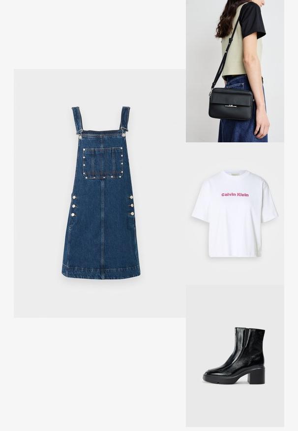 Tummansininen farkkuhaalari, jossa on säädettävät hihnat, etutasku ja sivunapeilla kiinnitys. Sileä pinta ja rento muotoilu.; Valkoinen puuvillainen t-paita, jossa on lyhyet hihat ja pyöreä kaula-aukko, ja etuosassa vaaleanpunaisten kirjainten kanssa brodeerattu "Calvin Klein".; Musta patentoitu nahkasaappaat nilkkoihin, joissa on kaareva kärki, joustavat sivupaneelit ja paksu lohkoilut. Takana on kohokuvioitu logo.; Calvin Klein LINEAR CAMERA BAG - Olkalaukku - black