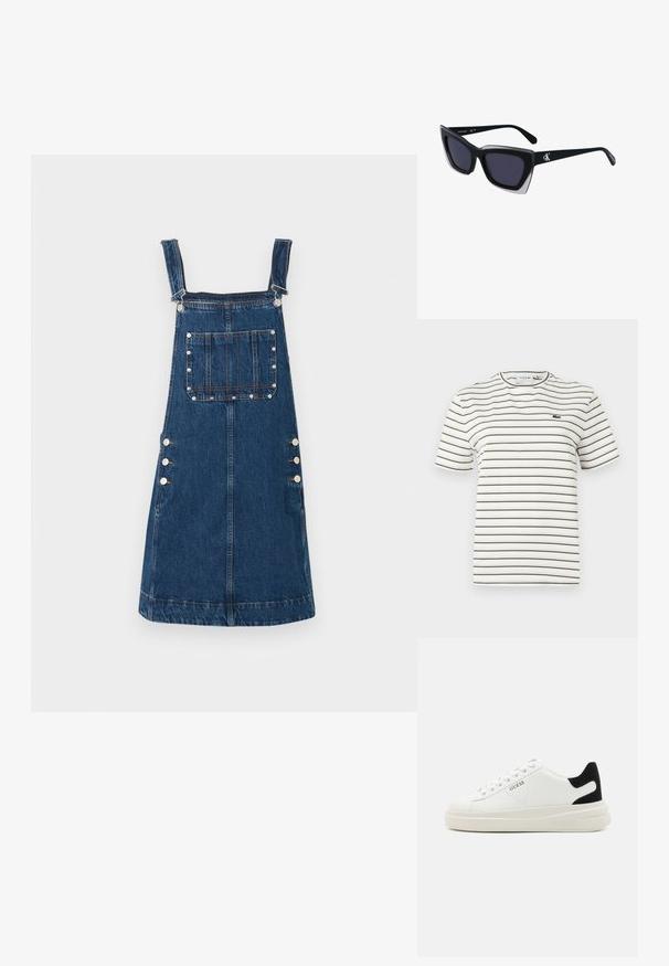 Denim overall obleka v temno modri barvi, z nastavljivimi naramnicami, sprednjim žepom in bočnimi gumbi za zapenjanje. Gladka tekstura in sproščen dizajn.; Polo majica z belimi črtami in tankimi olivno zelenimi črtami. Ima krožni ovratnik, kratke rokave in majhen Lacoste logotip na prsih.; Bele usnjene športne copate z debelim belim podplatom, črnimi semišnimi detajli na peti in utisnjenim logotipom na strani. Zavezovanje s šestimi luknjicami.; Črne prevelike sončne očala geometrijske oblike, z temnimi lečami in kontrastno sivo podrobnostjo na okvirju. Logo na ročaju.