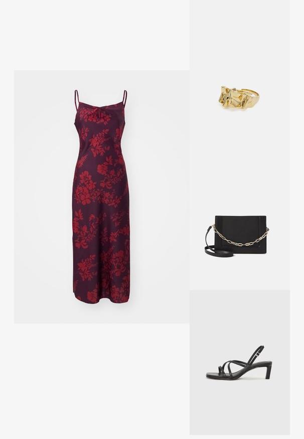 WAL G. CARA MIDI - Kokteilinė suknelė / vakarėlių suknelė - brown; Juodi šlepetės su kvadratiniu pirštu ir žemu bloku kulnu. Yra keli ploni dirželiai ir reguliuojamas kulkšnies diržas. Pagaminti iš lygios odos.; Juodas odinis per petį nešiojamas krepšys turi lygų paviršių, stačiakampio formą ir metalinę grandinėlę priekyje. Pridedama reguliuojama dirželis.; Aukso žiedas su tekstūruotu, banguotu dizainu, turintis tris iškilias viršūnes. Lygus, blizgus paviršius su atviromis juostelėmis, leidžiančiomis reguliuoti dydį.