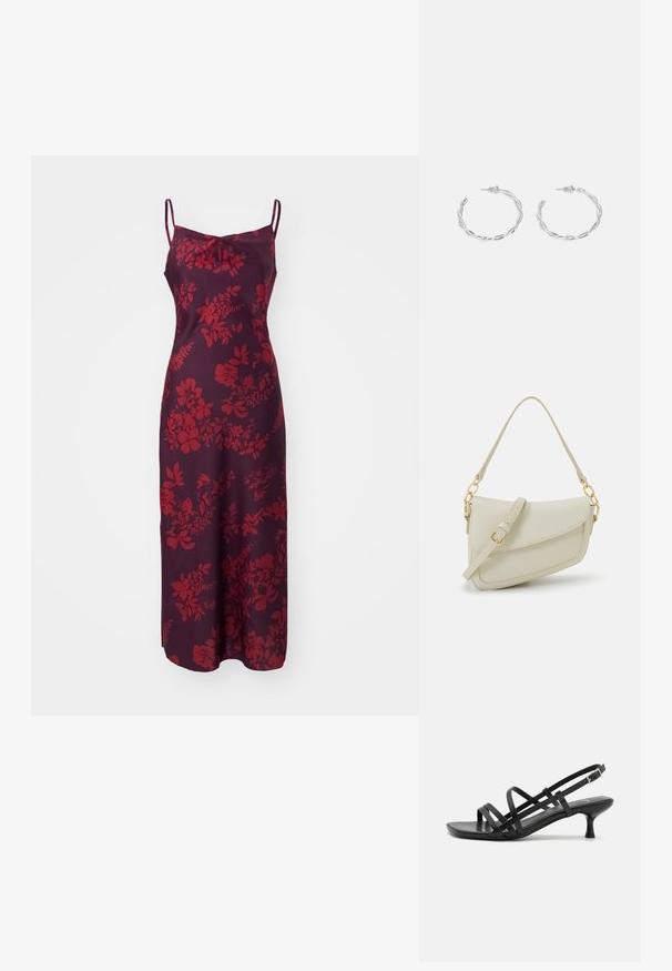 WAL G. CARA MIDI - Kokteiļkleita/ballīšu kleita - brown; Melni papēžu sandales ar vairākiem krustveida siksnām. Gluda materiāla, norādīta purngala un šaura papēža. Regulējama potītes siksna ar sprādzīti.; Maza krēmkrāsas rokas soma ar teksturētu apdari, garu regulējamu siksniņu, ķēdes akcentu un vāciņa aizdari. Zelta aparatūras detaļas.; Sudraba gredzenveida auskari ar savītu dizainu, kas ir ar pulētu apdari un ar aizmugurēju fiksāciju. Izmērs ir aptuveni 3 cm diametrā.